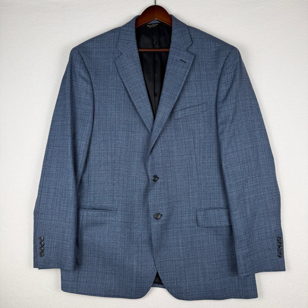 Jos A‎ Bank Traveler Mens 44 Long Blue Wool Sharkskin 2 Button Blazer Sport Coat